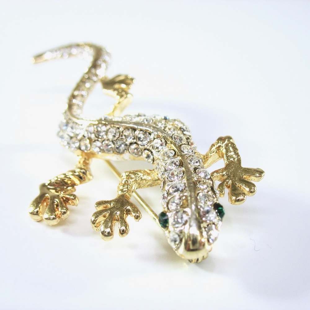 Pave Rhinestone Lizard Pin, Gecko, Gold Tone